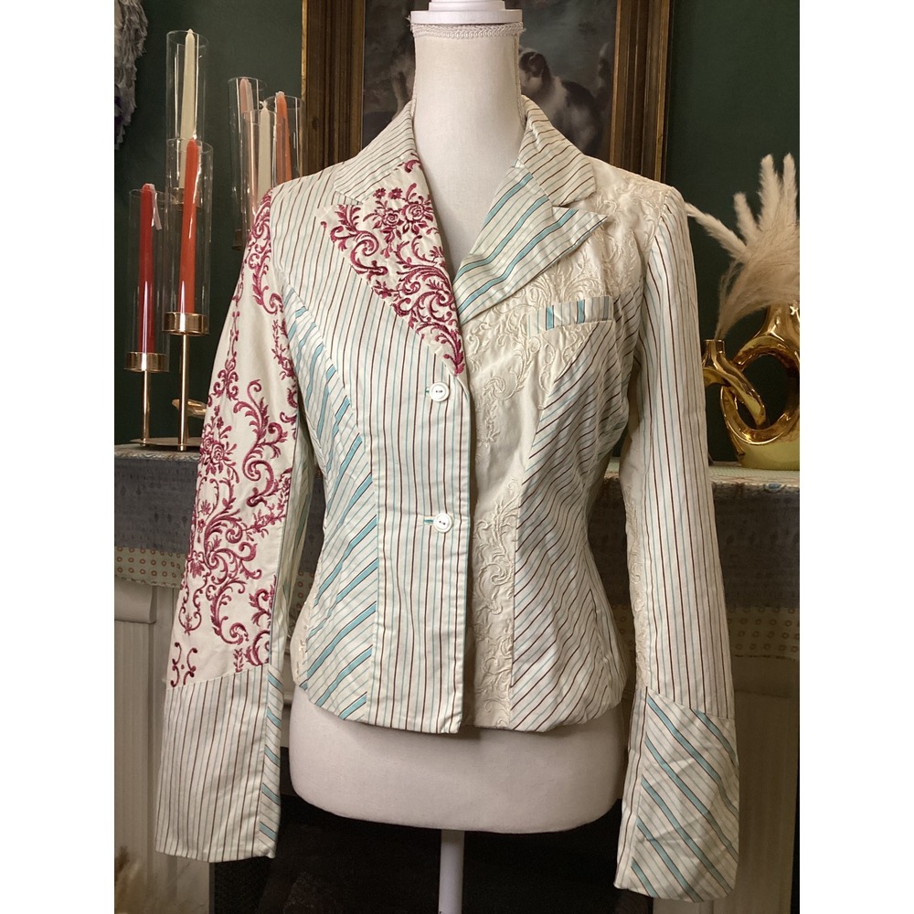 Elevenses Anthropologie Embroidered Patchwork Pinstripe Blazer Jacket Cream 4